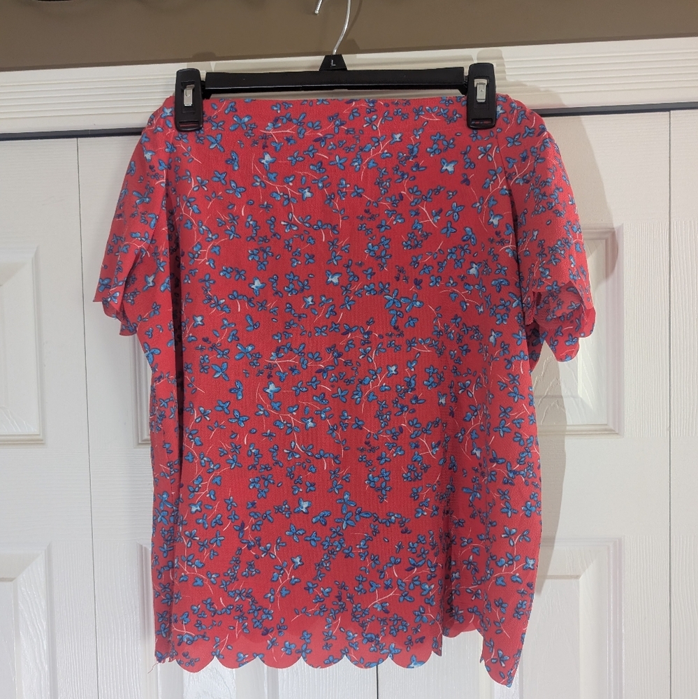 Elle Vibrant Red Blouse with Blue Floral Pattern